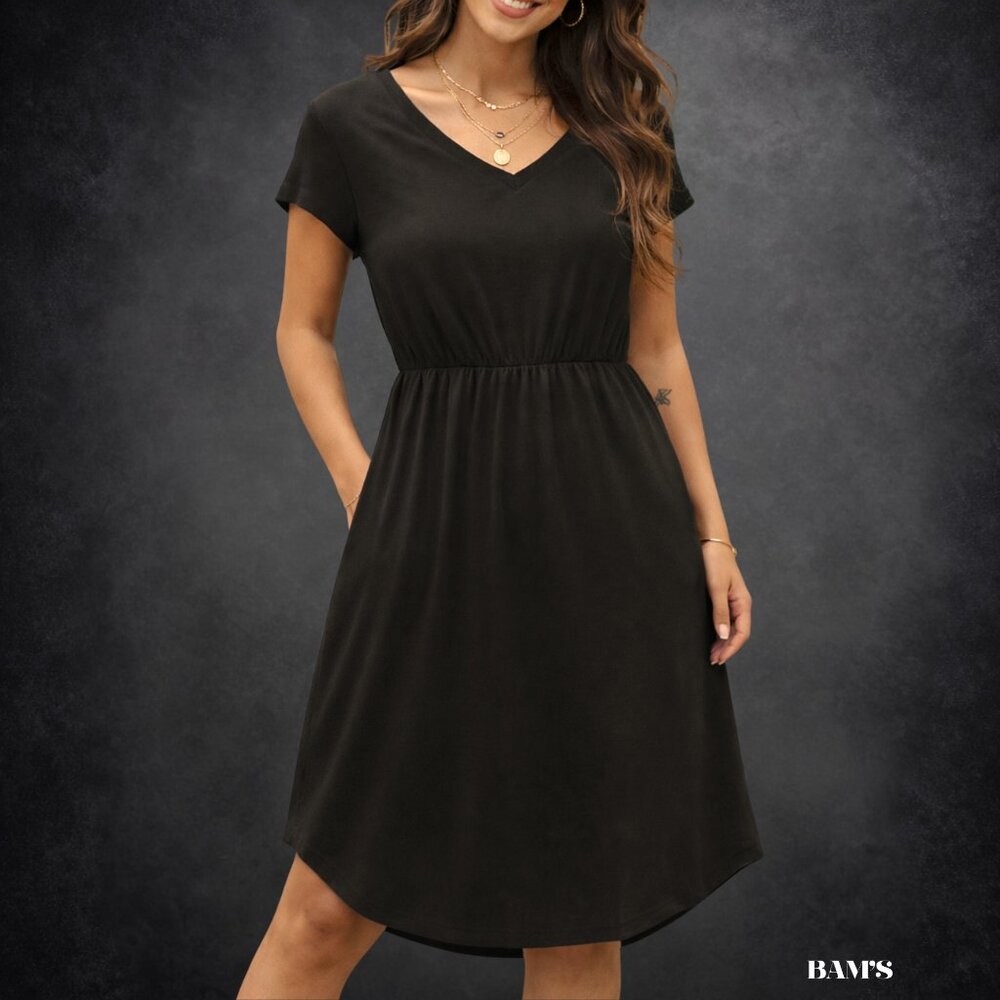 Black V-Neck Elastic Waist Midi Dress | Casual A-Line Flowy Little Black Dress